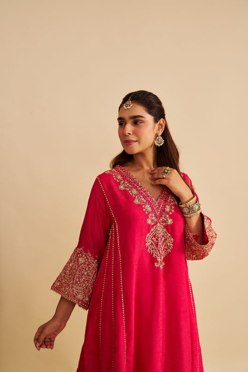 Niyah - Short Chauga With Salwar-Hotpink silk by SHEETAL BATRA in pink color for women Worldwide