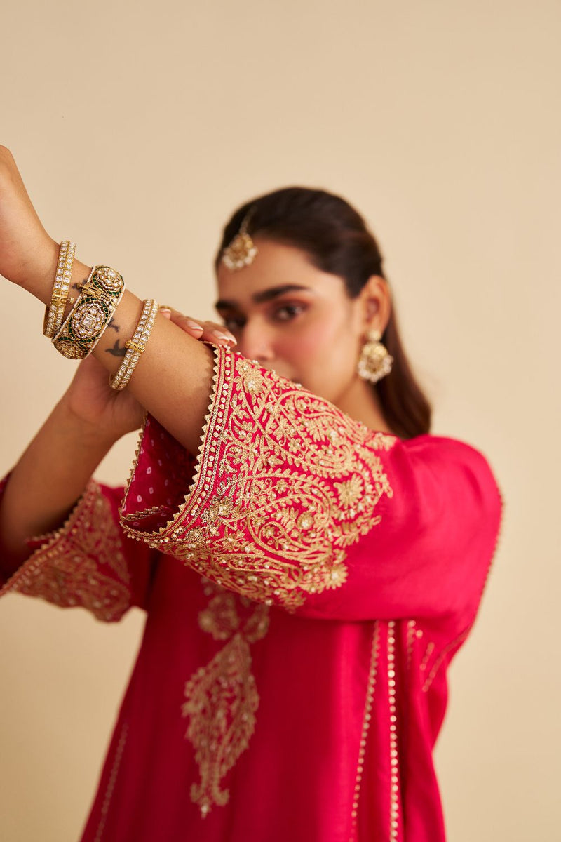 Niyah - Short Chauga With Salwar-Hotpink silk by SHEETAL BATRA in pink color for women Worldwide