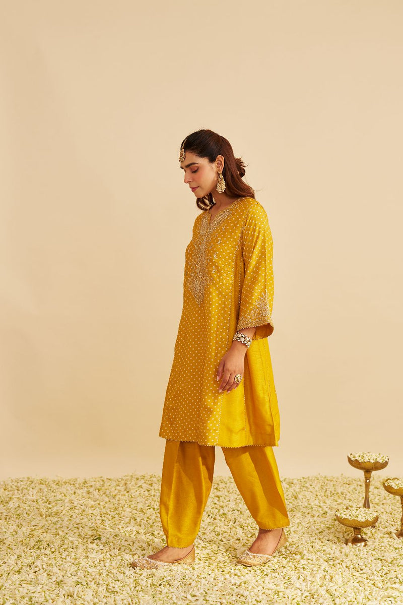 Kayra - Short Gathered Chauga With Salwar-Mustard silk by SHEETAL BATRA in mustard color for women Worldwide