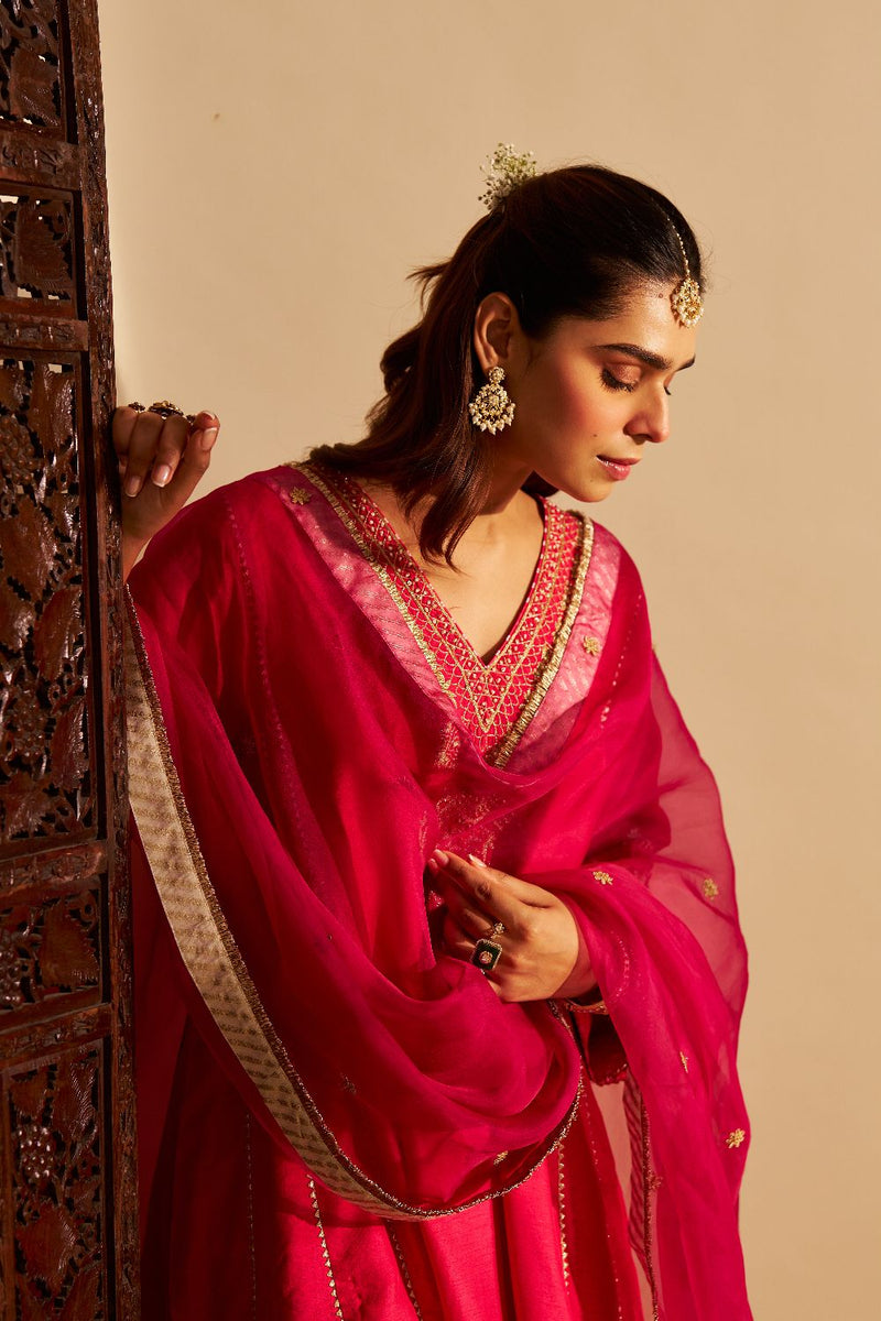 Niyah - Short Chauga With Salwar-Hotpink silk by SHEETAL BATRA in pink color for women Worldwide