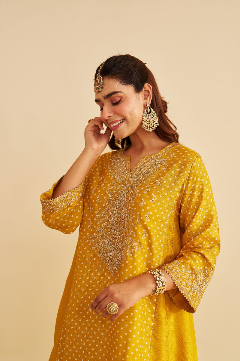 Kayra - Short Gathered Chauga With Salwar-Mustard silk by SHEETAL BATRA in mustard color for women Worldwide