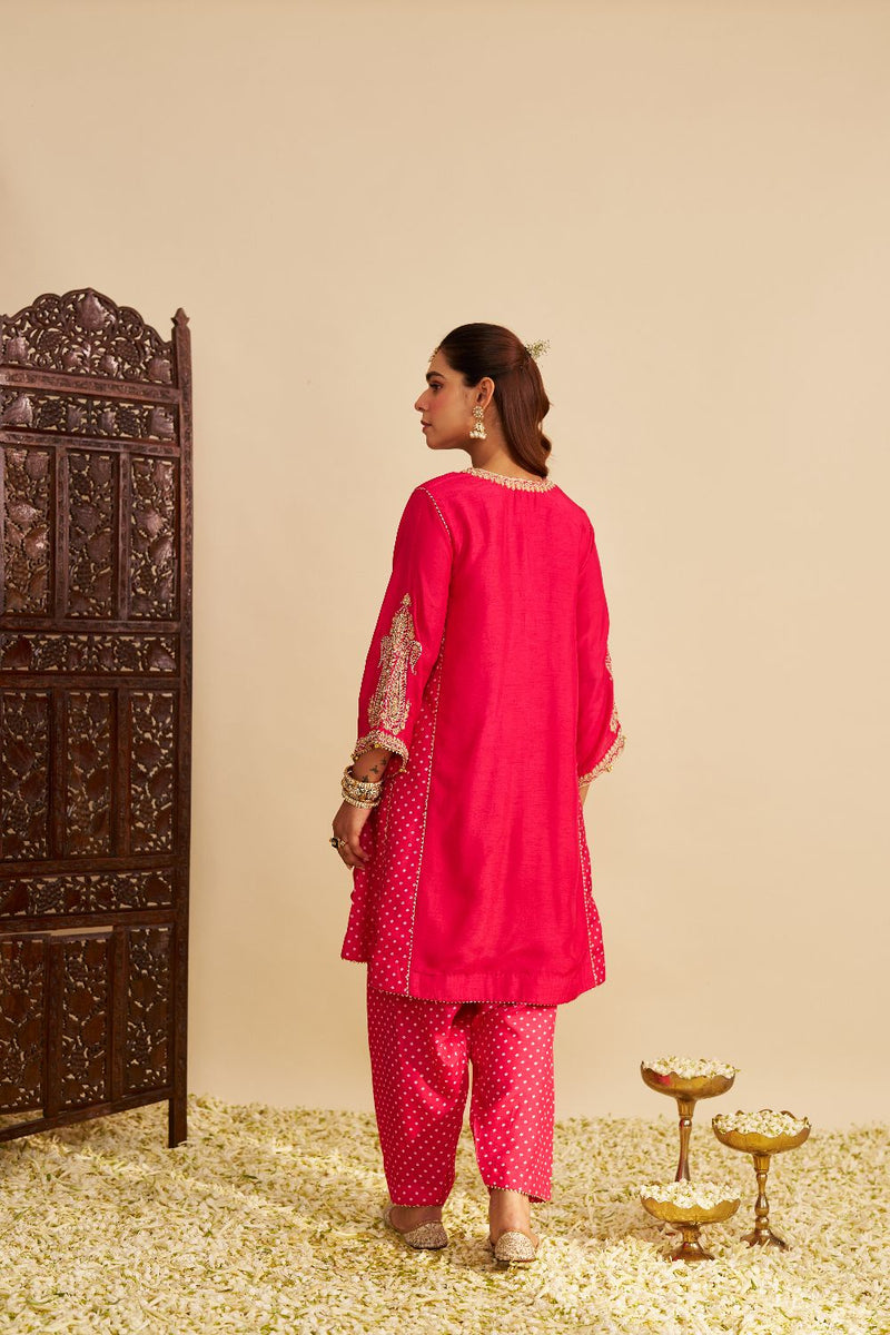Jeriah - Short Chauga With Salwar-Hotpink silk by SHEETAL BATRA in pink color for women Worldwide