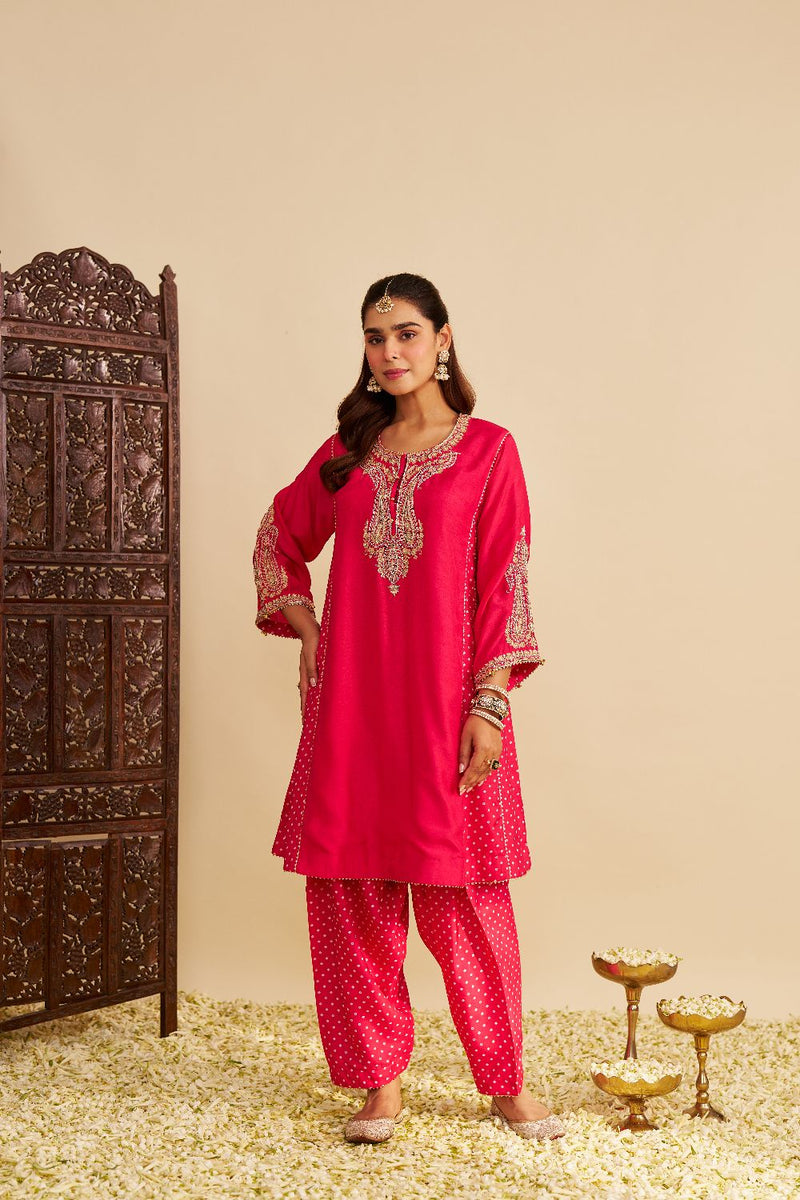 Jeriah - Short Chauga With Salwar-Hotpink silk by SHEETAL BATRA in pink color for women Worldwide