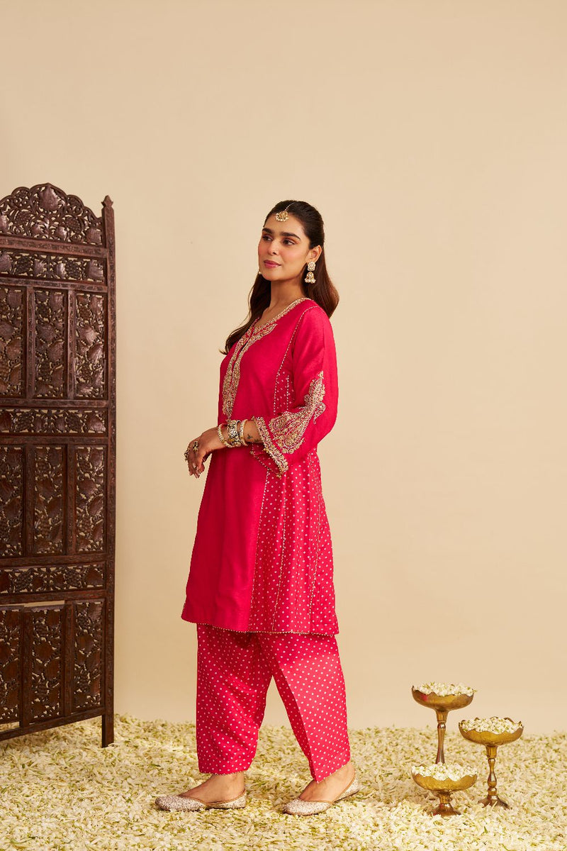 Jeriah - Short Chauga With Salwar-Hotpink silk by SHEETAL BATRA in pink color for women Worldwide