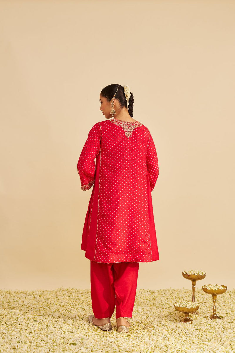 Kayra - Short Gathered Chauga With Salwar-Red silk by SHEETAL BATRA in red color for women Worldwide