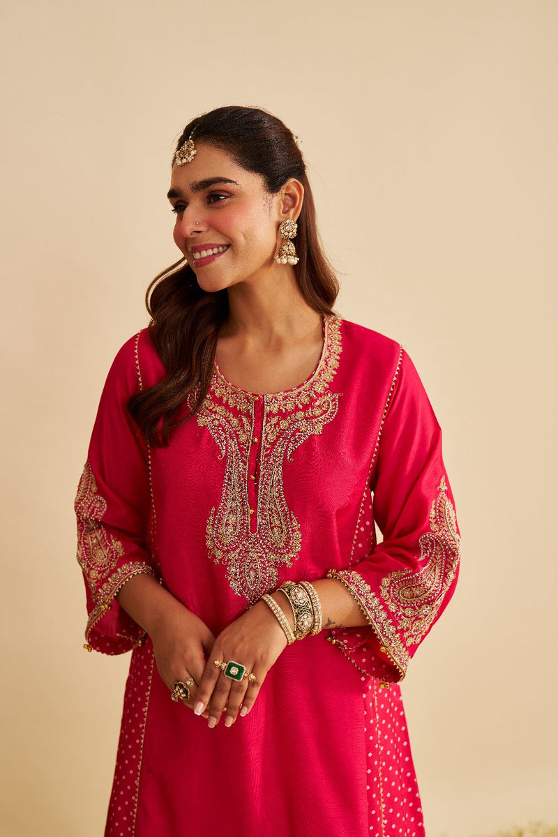 Jeriah - Short Chauga With Salwar-Hotpink silk by SHEETAL BATRA in pink color for women Worldwide