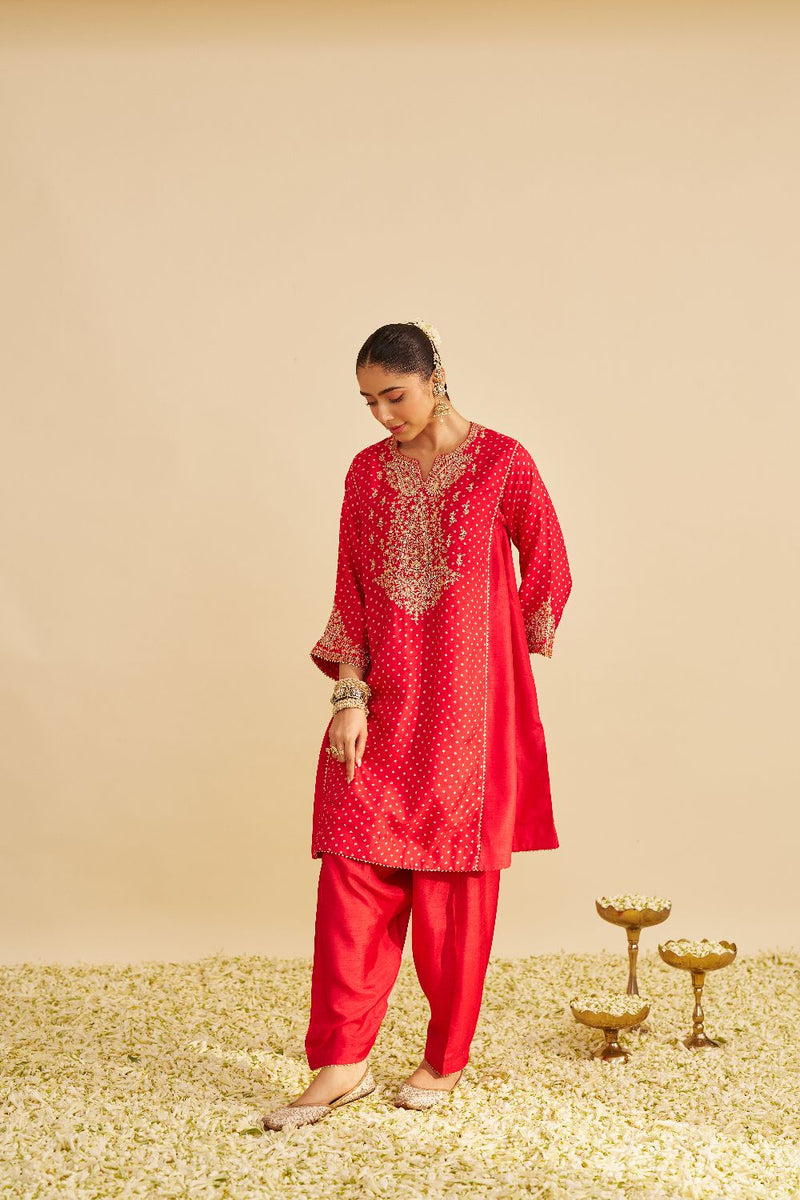 Kayra - Short Gathered Chauga With Salwar-Red silk by SHEETAL BATRA in red color for women Worldwide