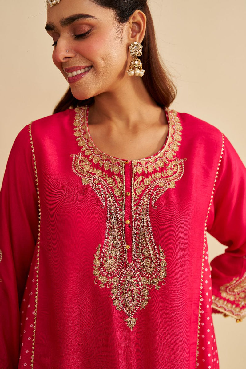 Jeriah - Short Chauga With Salwar-Hotpink silk by SHEETAL BATRA in pink color for women Worldwide