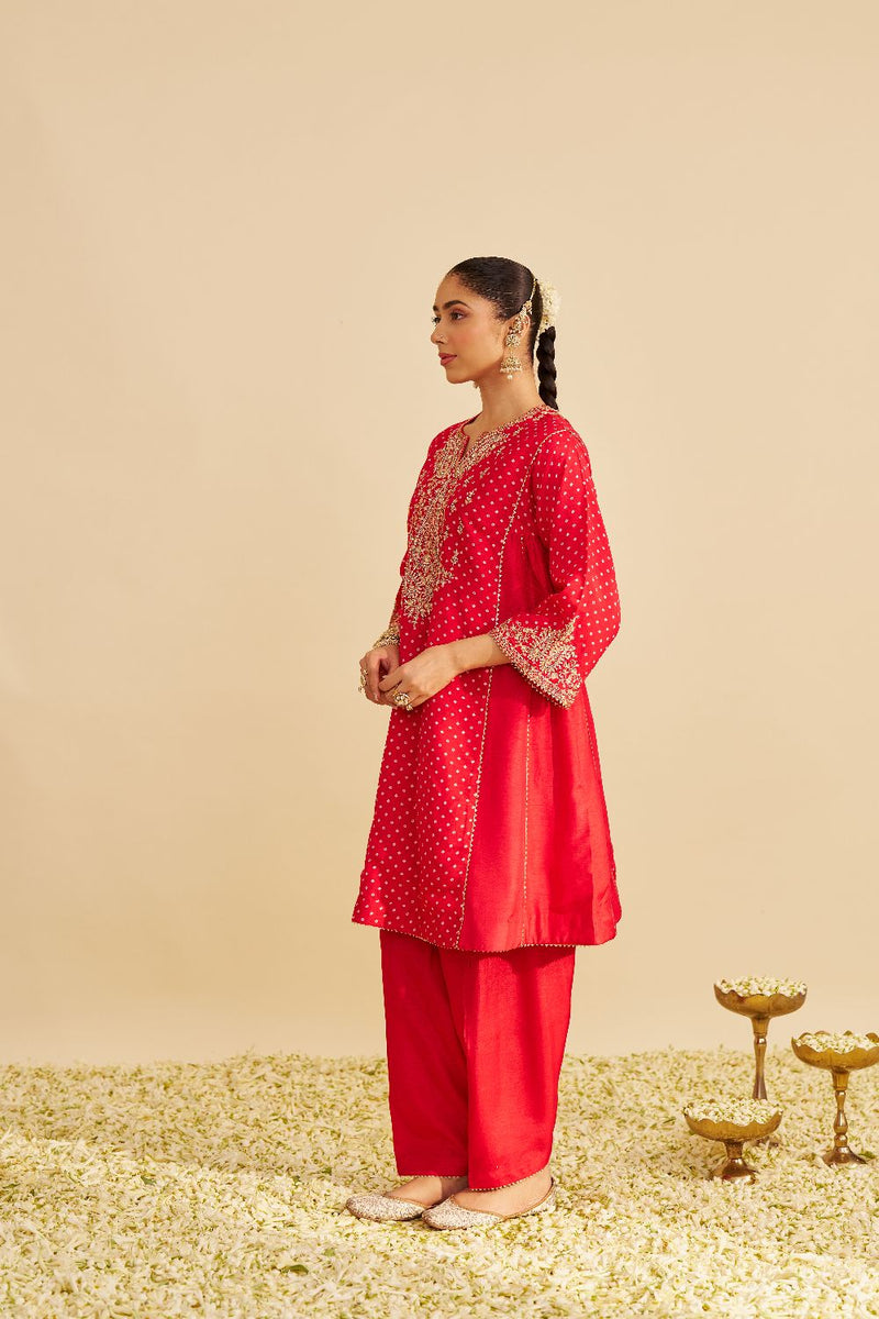 Kayra - Short Gathered Chauga With Salwar-Red silk by SHEETAL BATRA in red color for women Worldwide