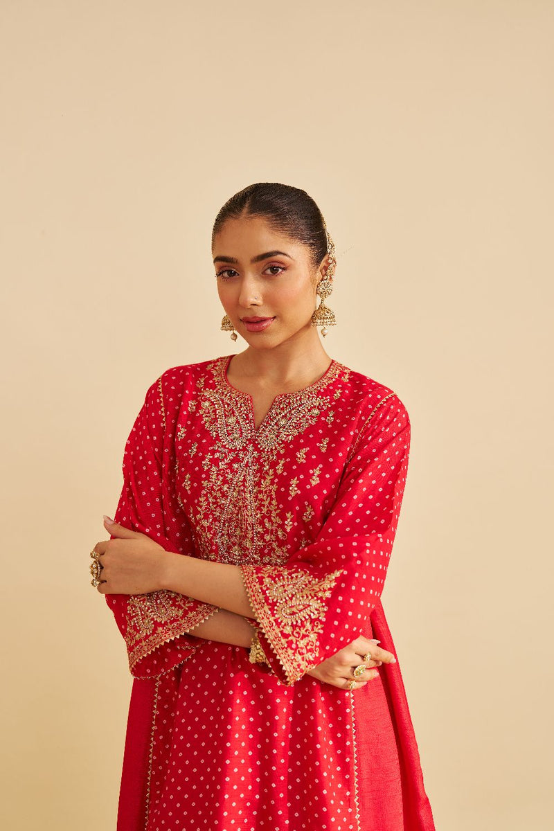 Kayra - Short Gathered Chauga With Salwar-Red silk by SHEETAL BATRA in red color for women Worldwide