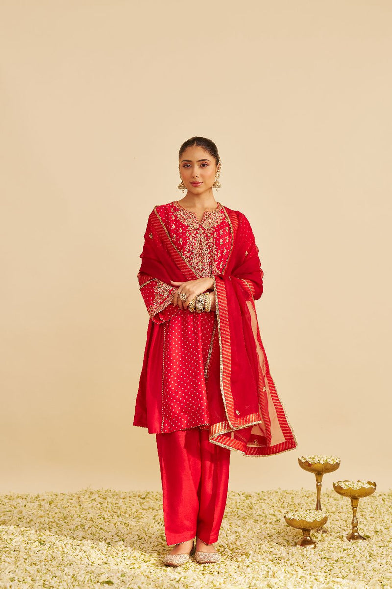 Kayra - Short Gathered Chauga With Salwar-Red silk by SHEETAL BATRA in red color for women Worldwide