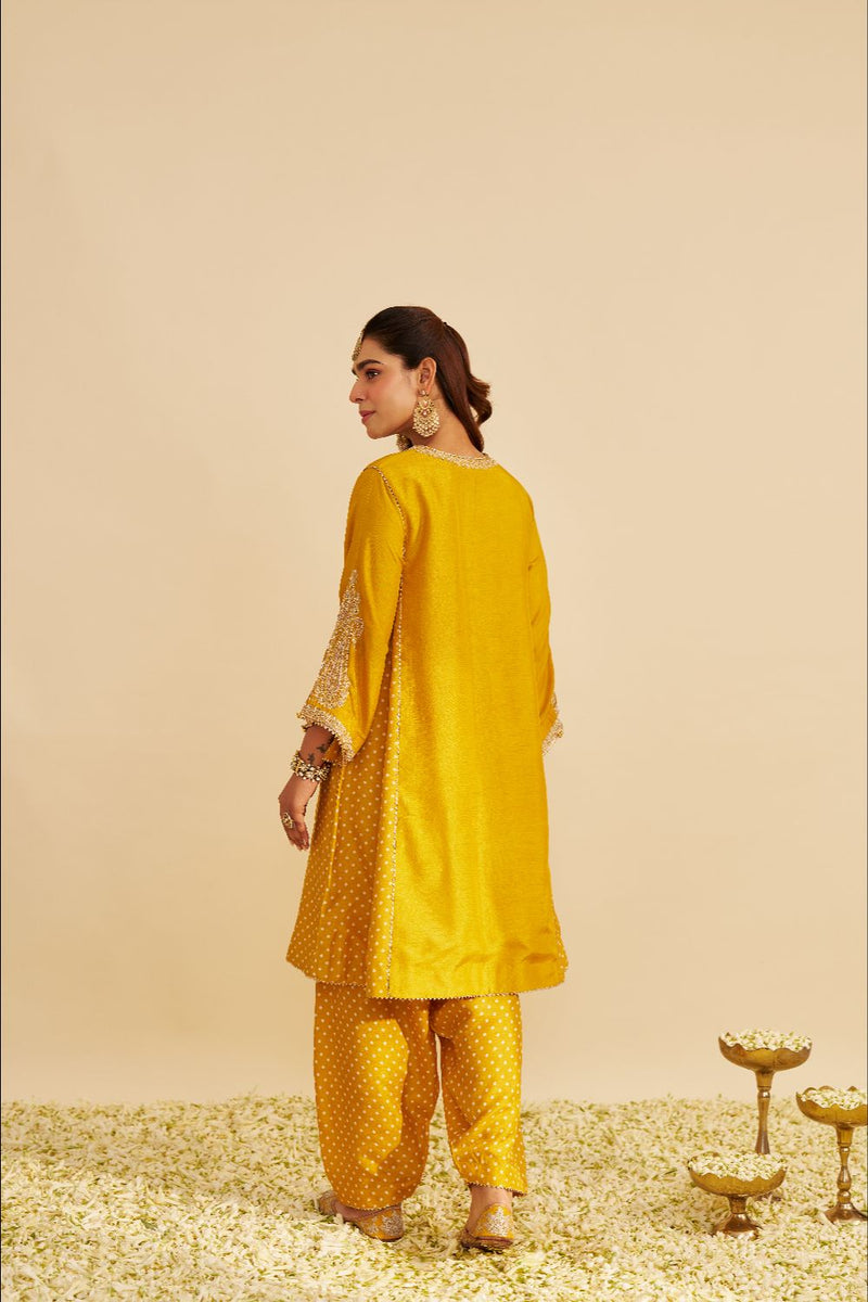 Jeriah - Short Chauga With Salwar-Mustard silk by SHEETAL BATRA in mustard color for women Worldwide