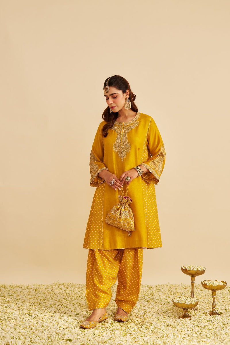 Jeriah - Short Chauga With Salwar-Mustard silk by SHEETAL BATRA in mustard color for women Worldwide