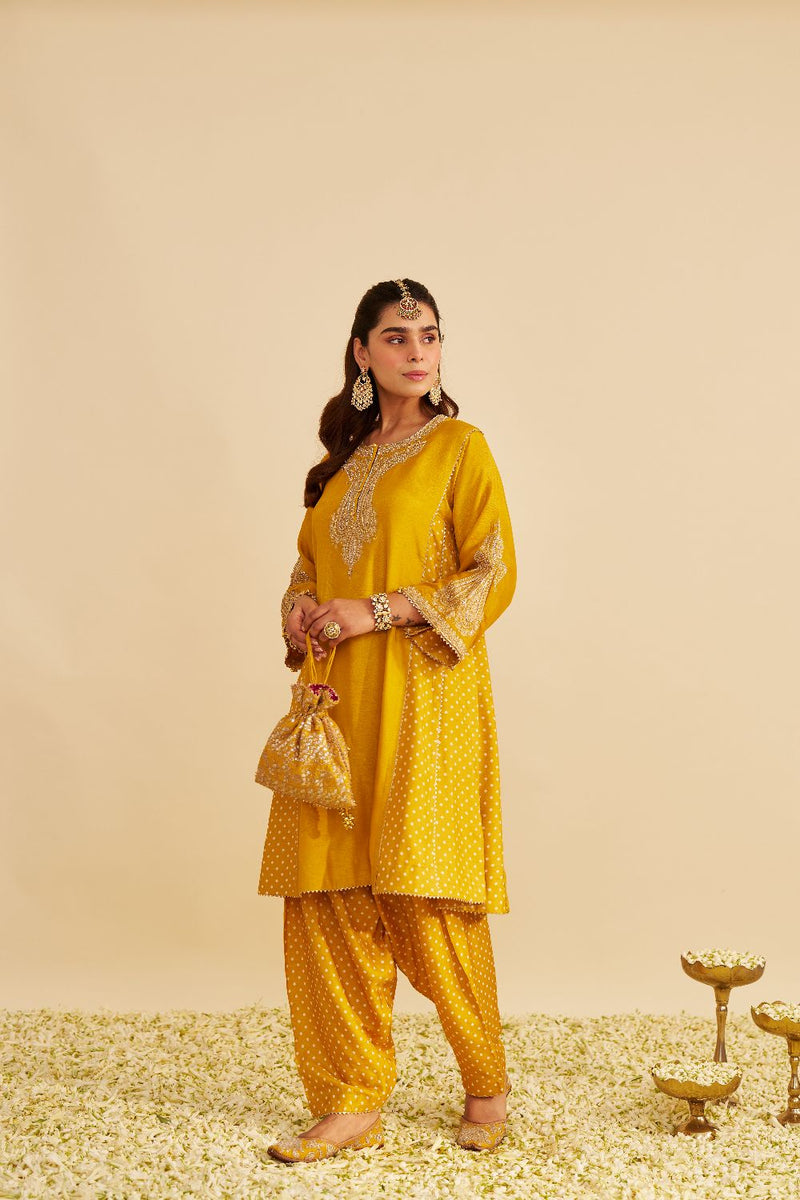 Jeriah - Short Chauga With Salwar-Mustard silk by SHEETAL BATRA in mustard color for women Worldwide