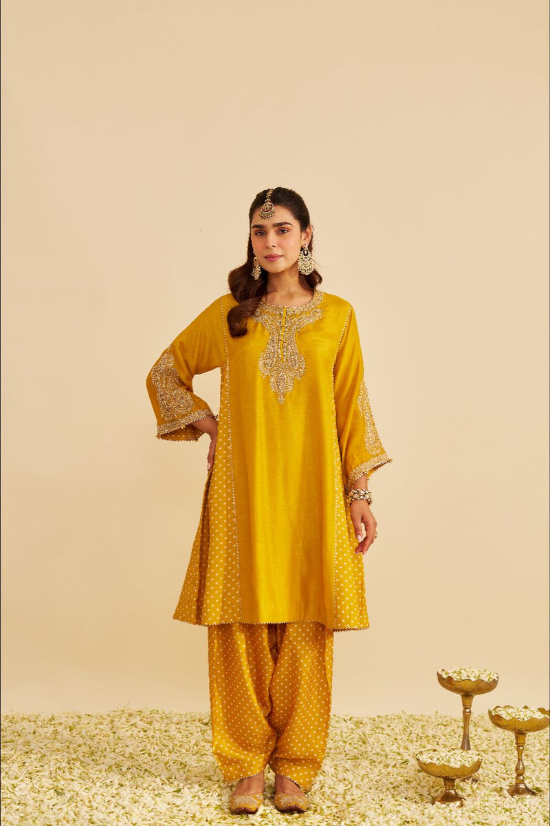Jeriah - Short Chauga With Salwar-Mustard silk by SHEETAL BATRA in mustard color for women Worldwide