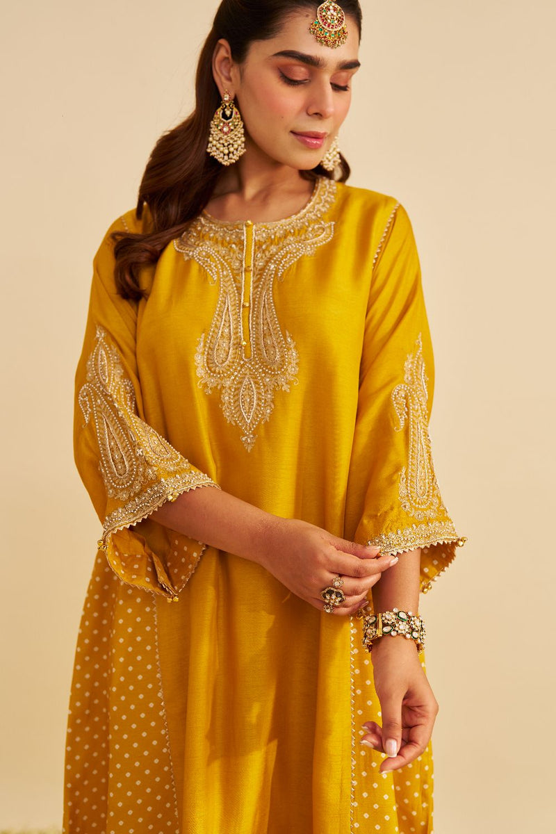 Jeriah - Short Chauga With Salwar-Mustard silk by SHEETAL BATRA in mustard color for women Worldwide