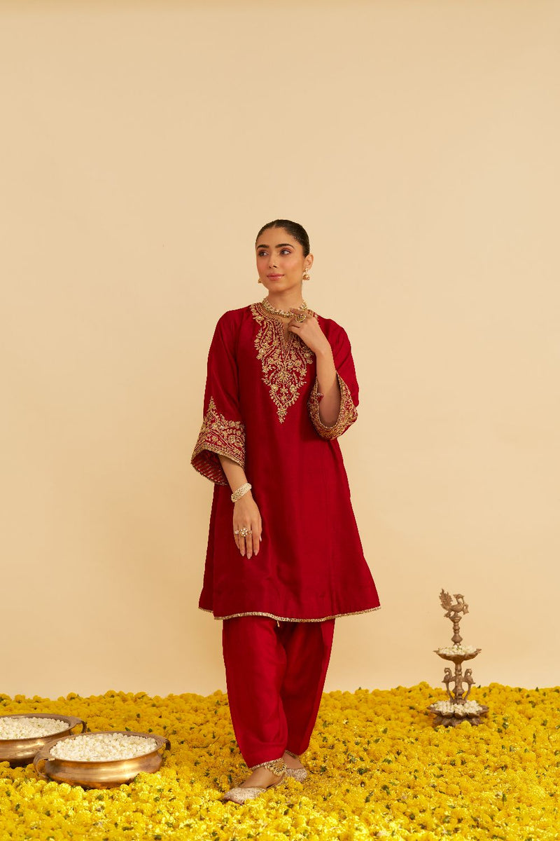 Marwa - Short Chauga With Salwar-Deep Red silk by SHEETAL BATRA in red color for women Worldwide