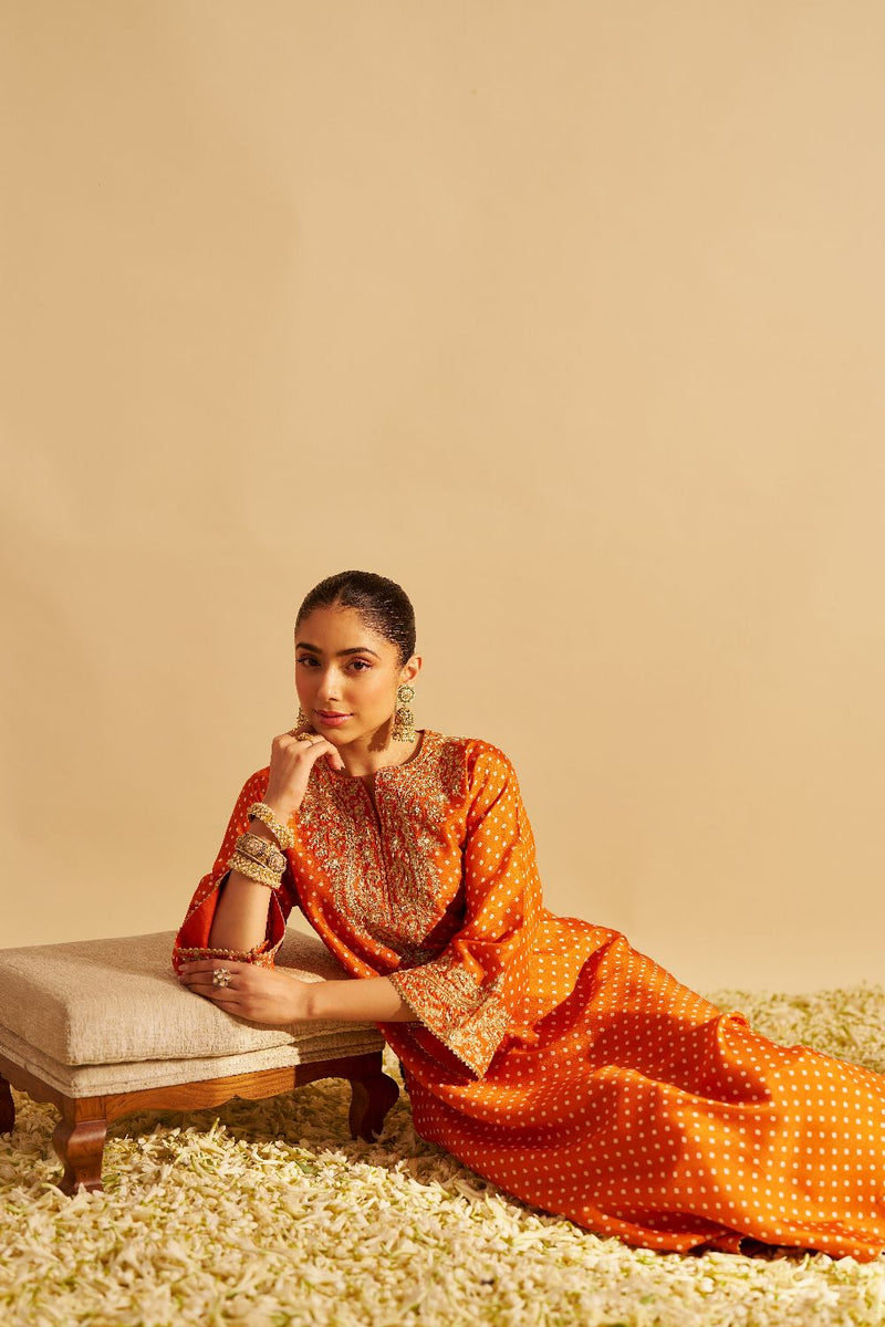 Shezia - Long Chauga With Salwar-Orange silk by SHEETAL BATRA in orange color for women Worldwide