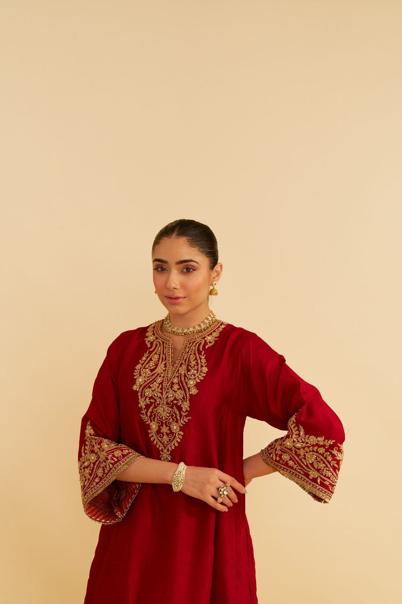 Marwa - Short Chauga With Salwar-Deep Red silk by SHEETAL BATRA in red color for women Worldwide