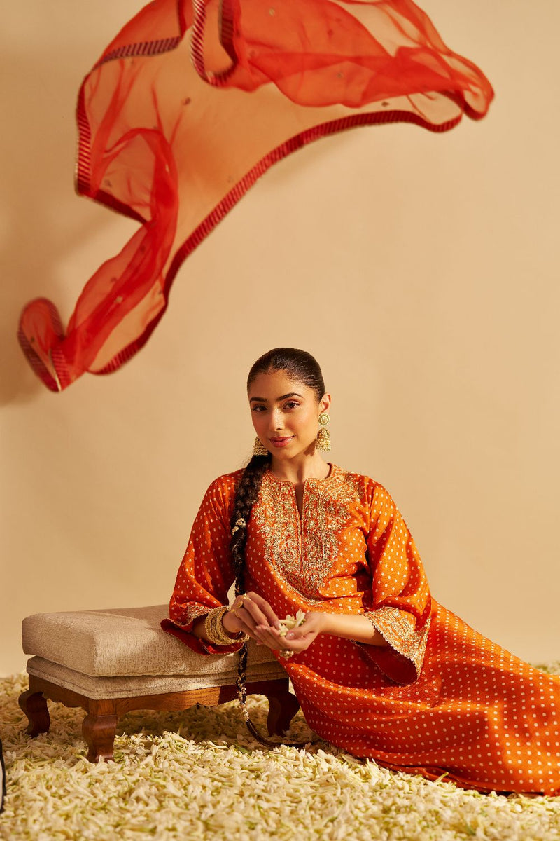 Shezia - Long Chauga With Salwar-Orange silk by SHEETAL BATRA in orange color for women Worldwide