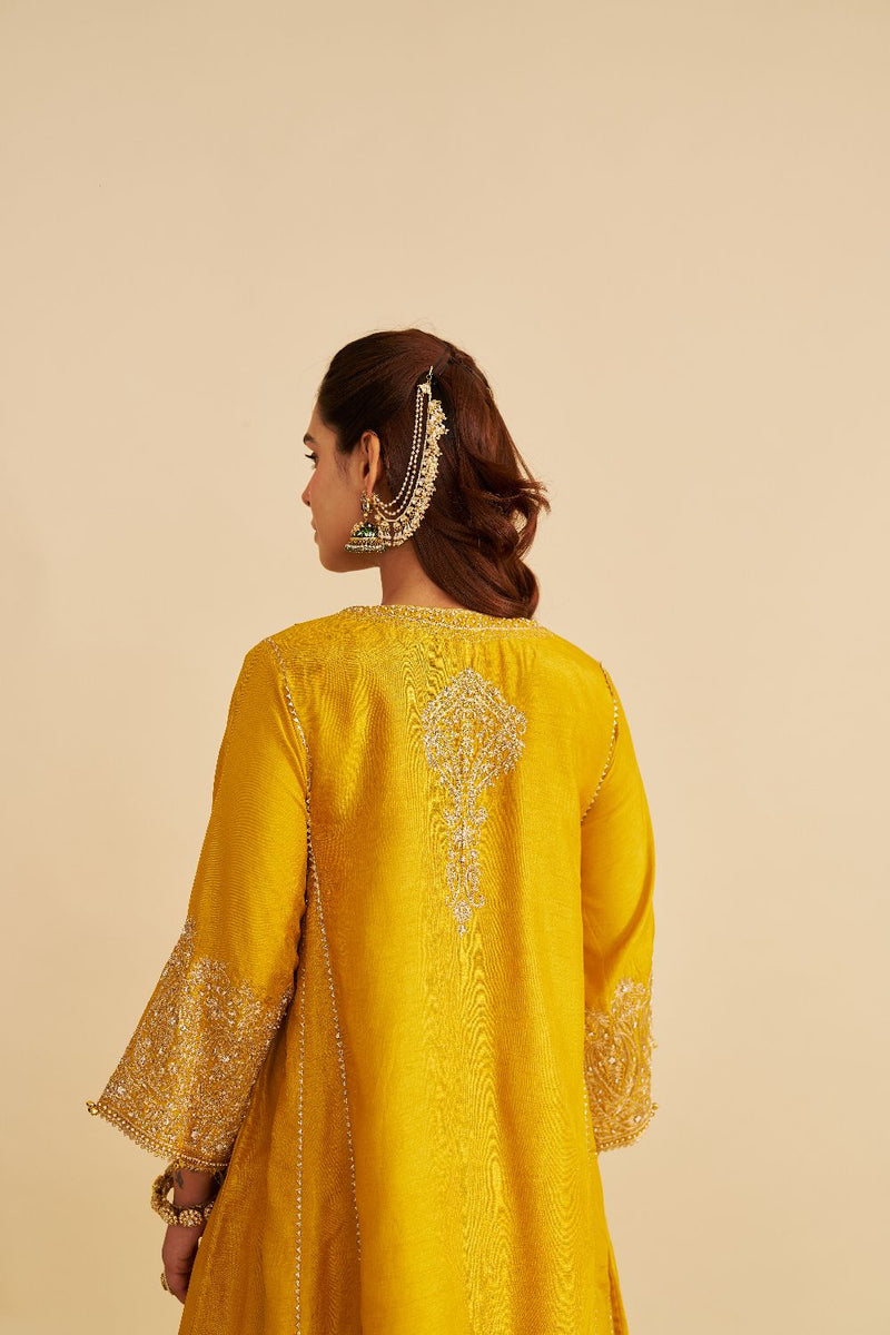 Niyah - Short Chauga With Salwar-Mustard silk by SHEETAL BATRA in mustard color for women Worldwide