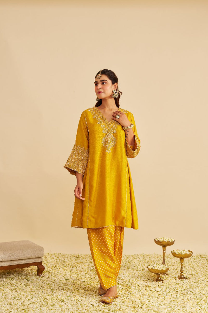 Niyah - Short Chauga With Salwar-Mustard silk by SHEETAL BATRA in mustard color for women Worldwide