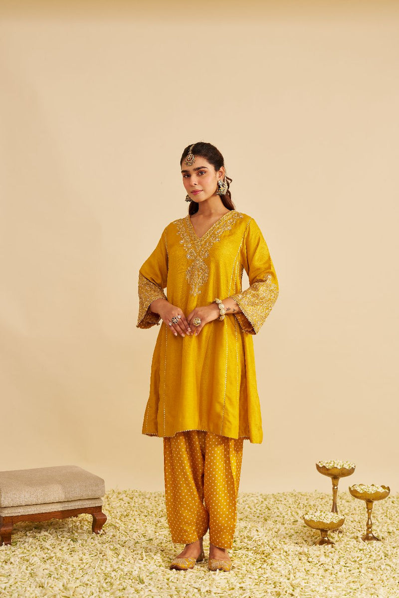 Niyah - Short Chauga With Salwar-Mustard silk by SHEETAL BATRA in mustard color for women Worldwide