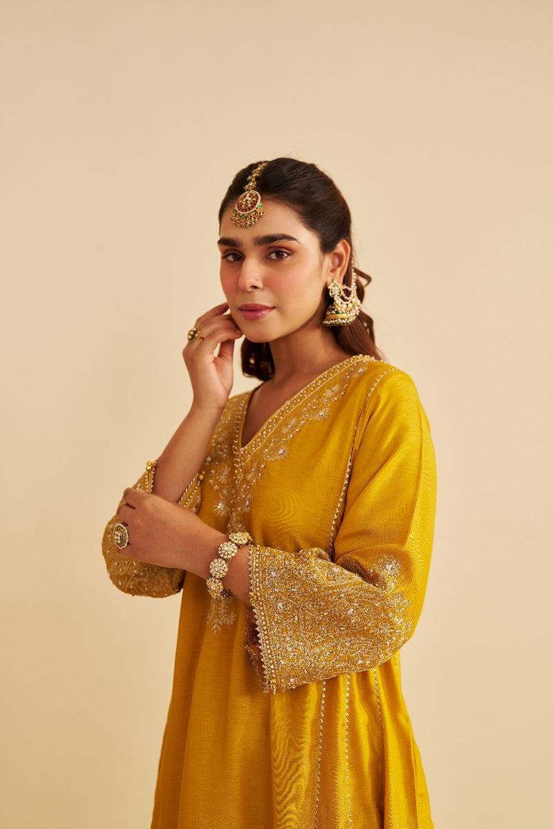 Niyah - Short Chauga With Salwar-Mustard silk by SHEETAL BATRA in mustard color for women Worldwide