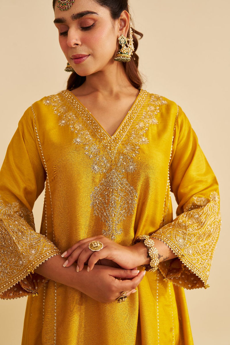 Niyah - Short Chauga With Salwar-Mustard silk by SHEETAL BATRA in mustard color for women Worldwide