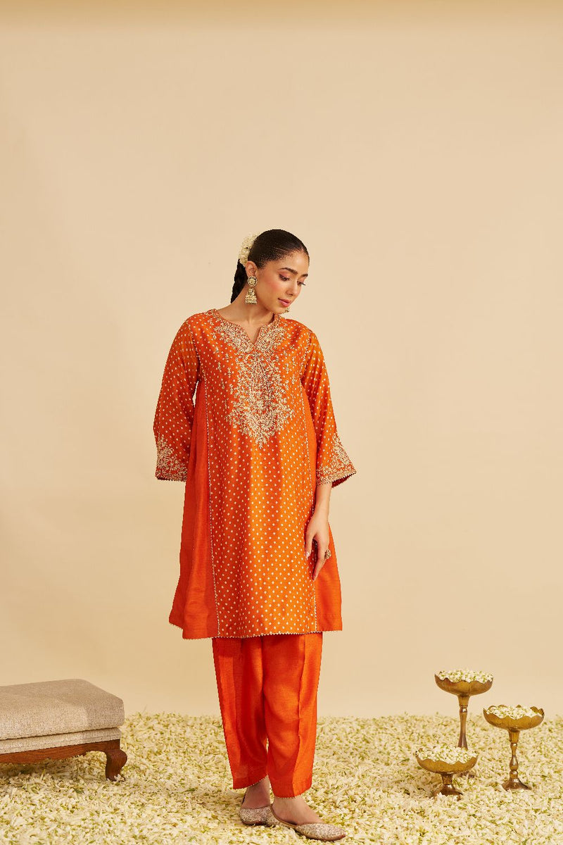 Kayra - Short Gathered Chauga With Salwar-Orange silk by SHEETAL BATRA in orange color for women Worldwide