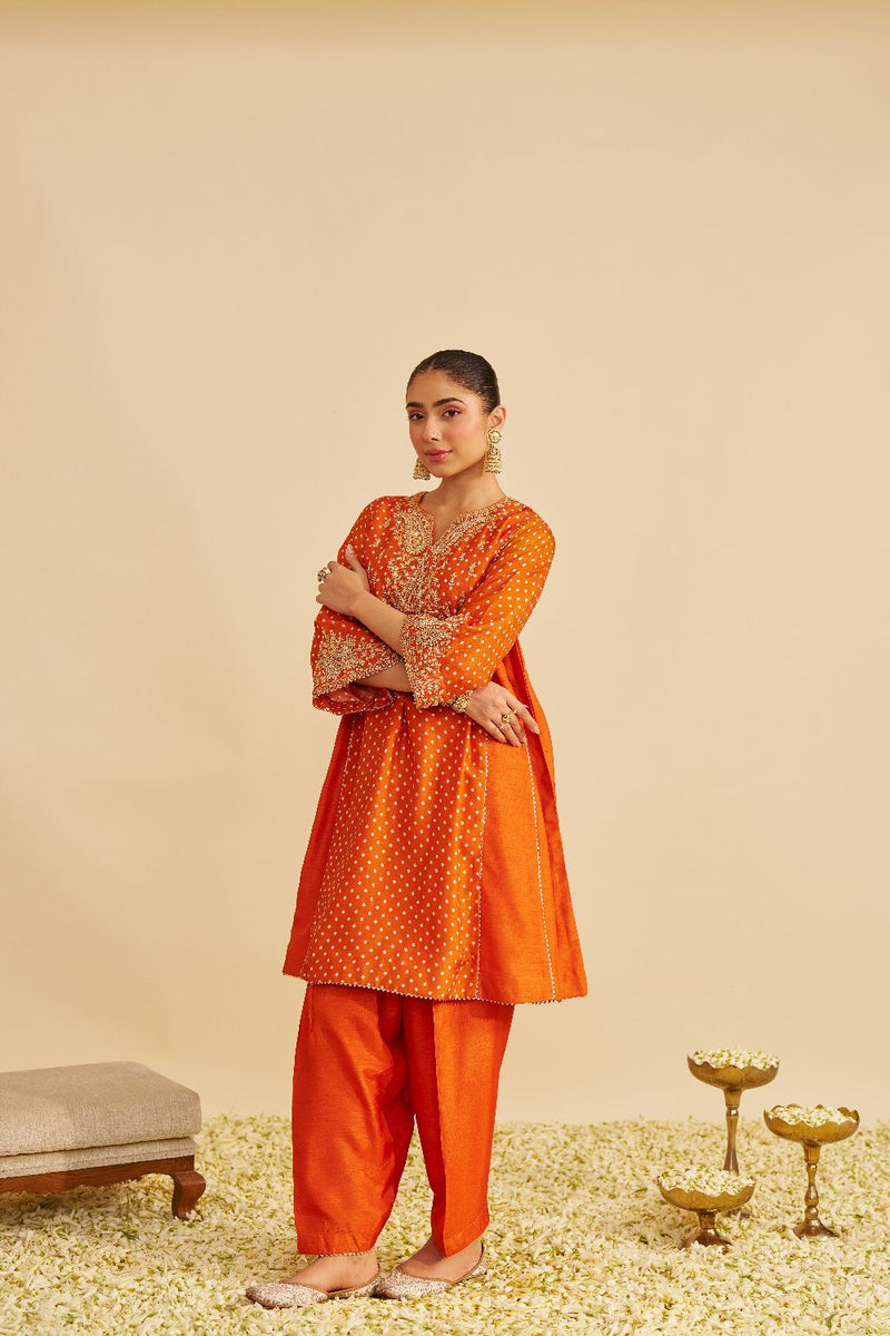 Kayra - Short Gathered Chauga With Salwar-Orange silk by SHEETAL BATRA in orange color for women Worldwide