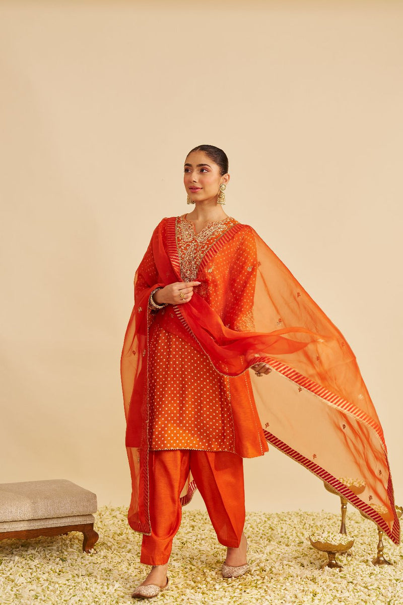 Kayra - Short Gathered Chauga With Salwar-Orange silk by SHEETAL BATRA in orange color for women Worldwide