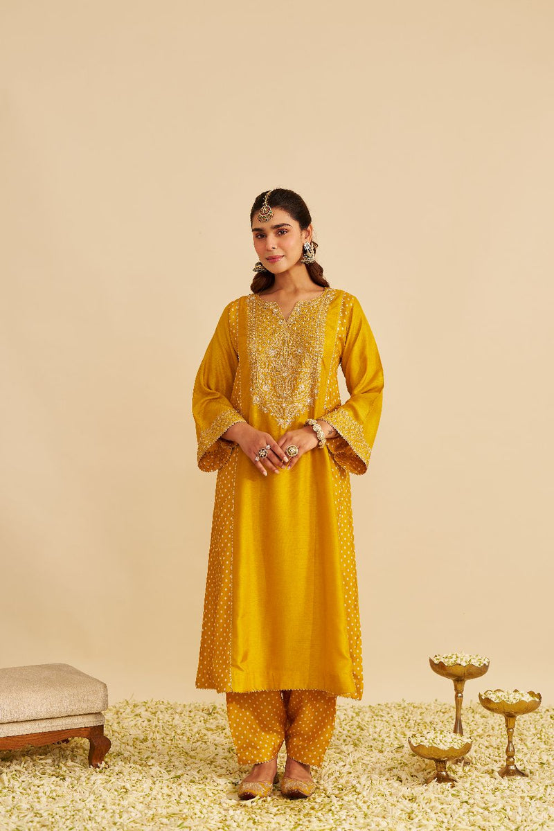 Esra - Long Chauga With Salwar-Mustard silk by SHEETAL BATRA in mustard color for women Worldwide