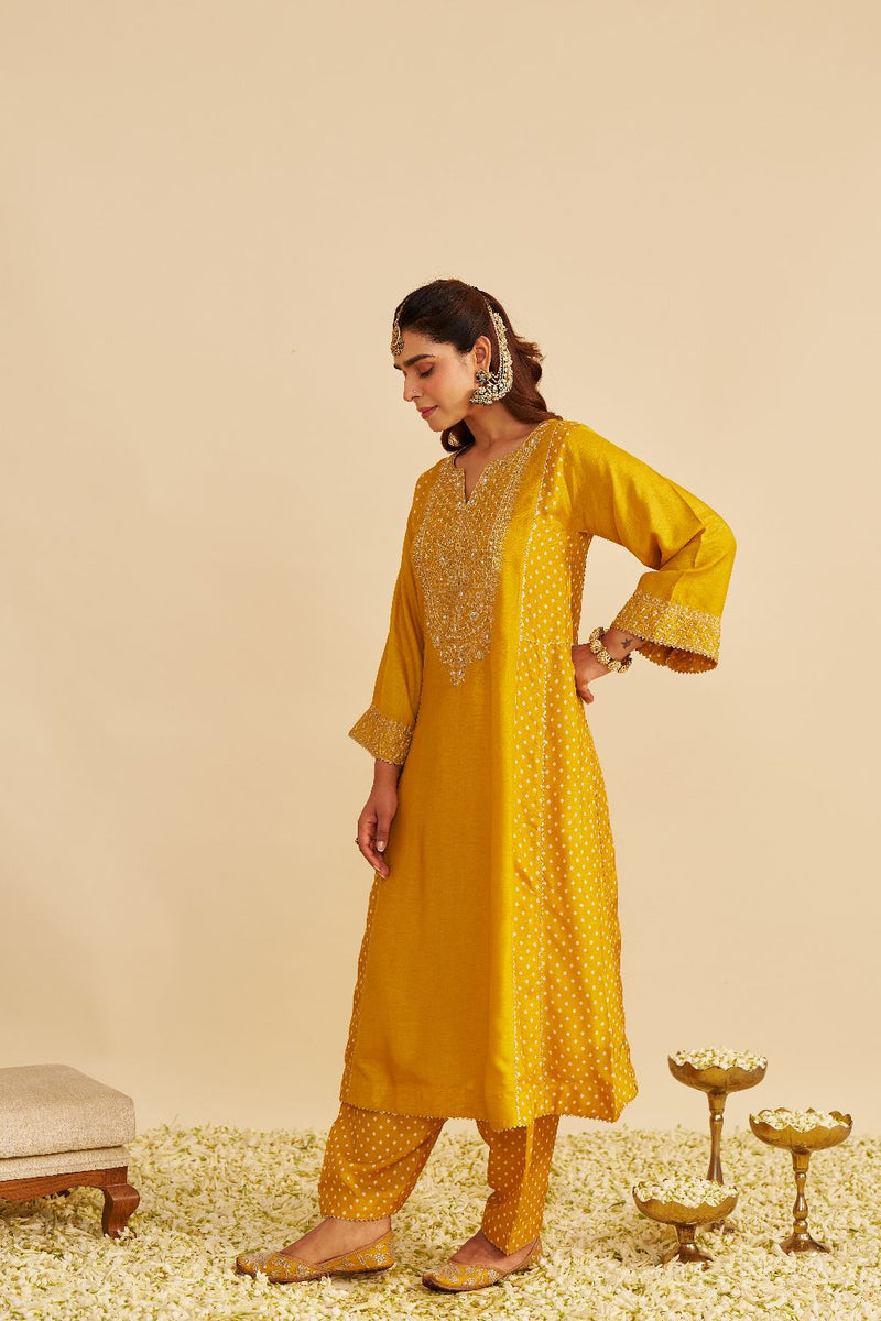 Esra - Long Chauga With Salwar-Mustard silk by SHEETAL BATRA in mustard color for women Worldwide