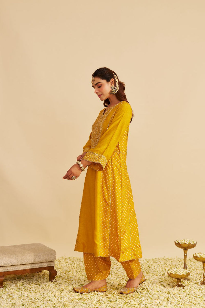 Esra - Long Chauga With Salwar-Mustard silk by SHEETAL BATRA in mustard color for women Worldwide