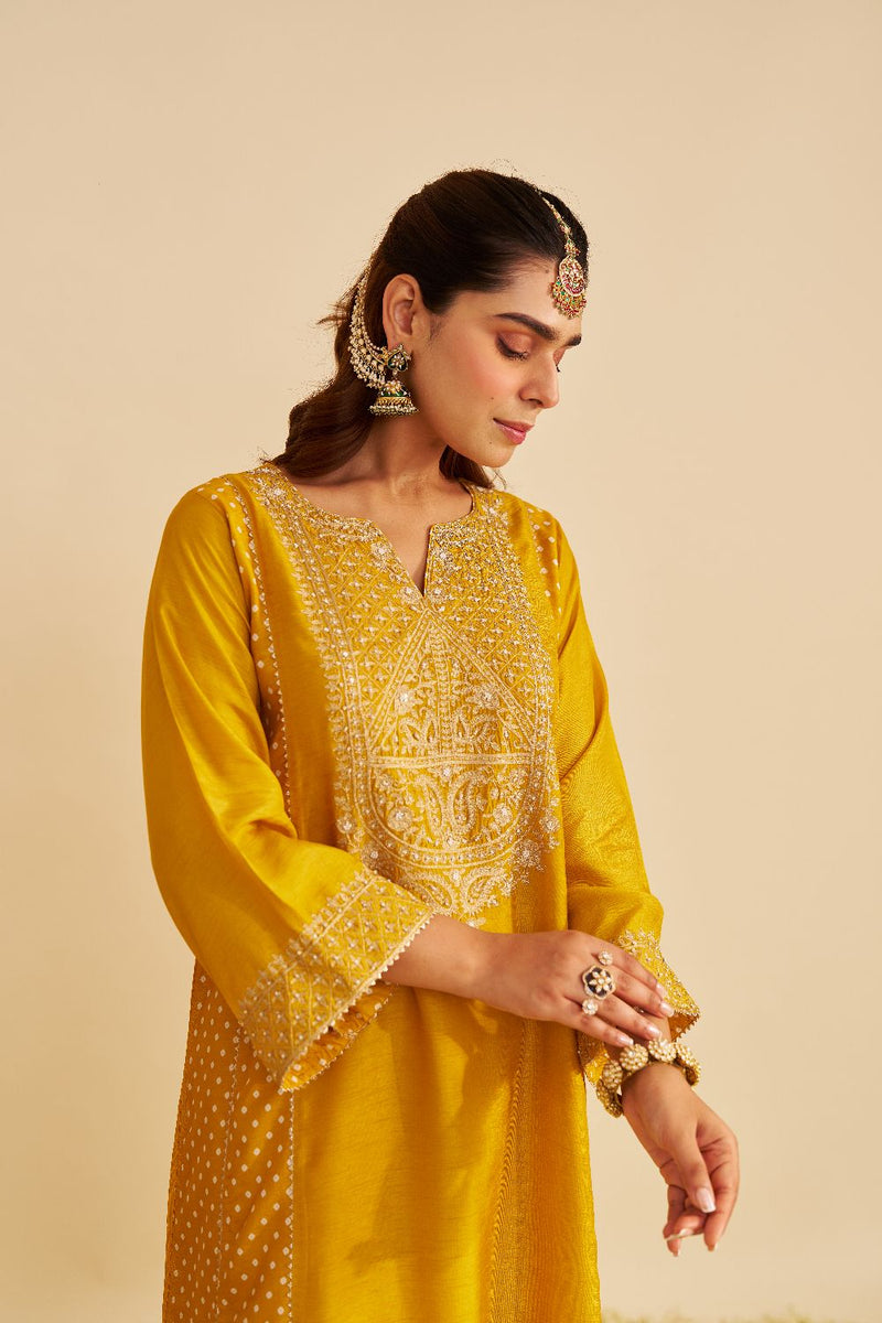 Esra - Long Chauga With Salwar-Mustard silk by SHEETAL BATRA in mustard color for women Worldwide