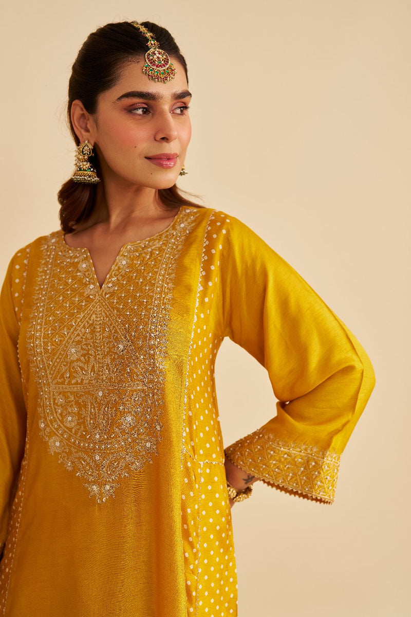 Esra - Long Chauga With Salwar-Mustard silk by SHEETAL BATRA in mustard color for women Worldwide