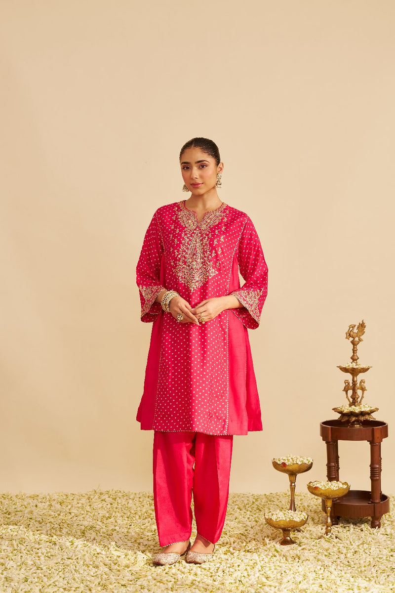 Kayra - Short Gathered Chauga With Salwar-Hotpink silk by SHEETAL BATRA in pink color for women Worldwide