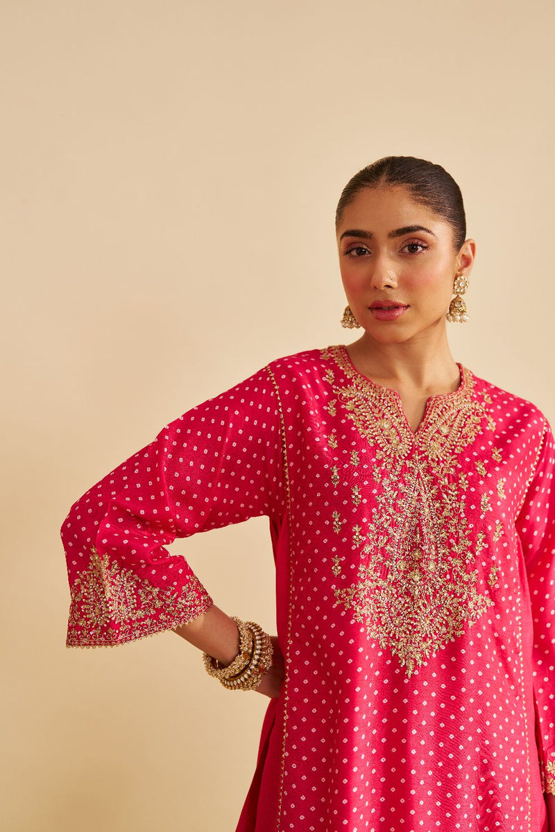 Kayra - Short Gathered Chauga With Salwar-Hotpink silk by SHEETAL BATRA in pink color for women Worldwide