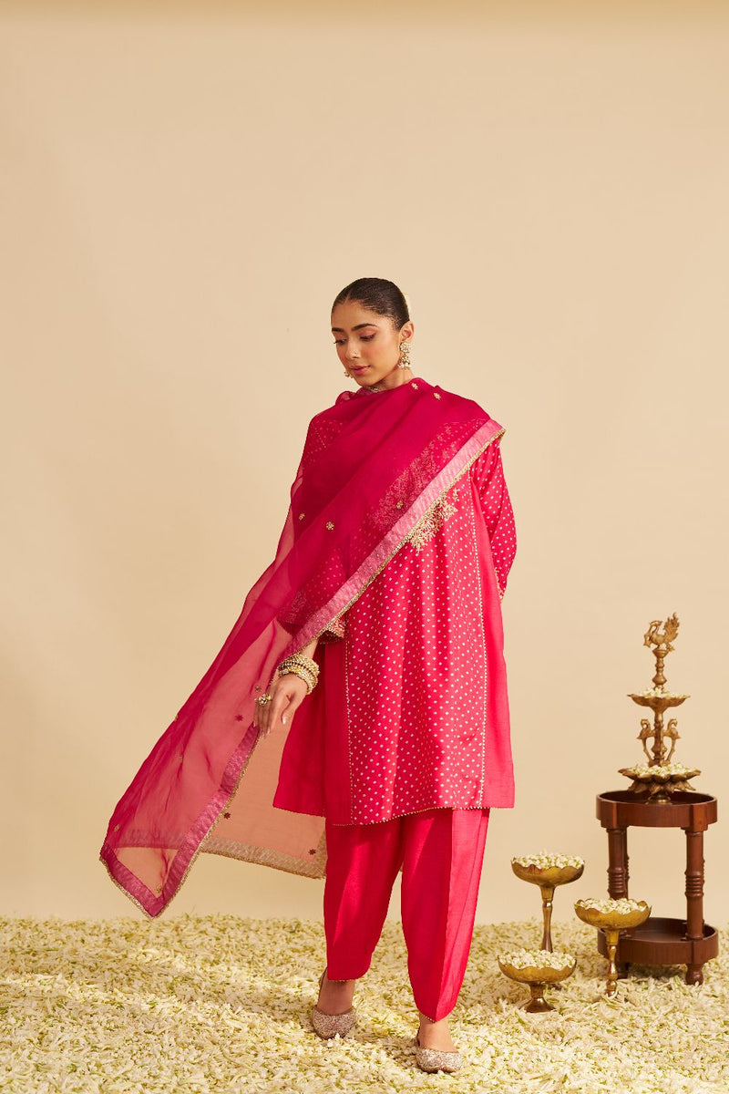 Kayra - Short Gathered Chauga With Salwar-Hotpink silk by SHEETAL BATRA in pink color for women Worldwide