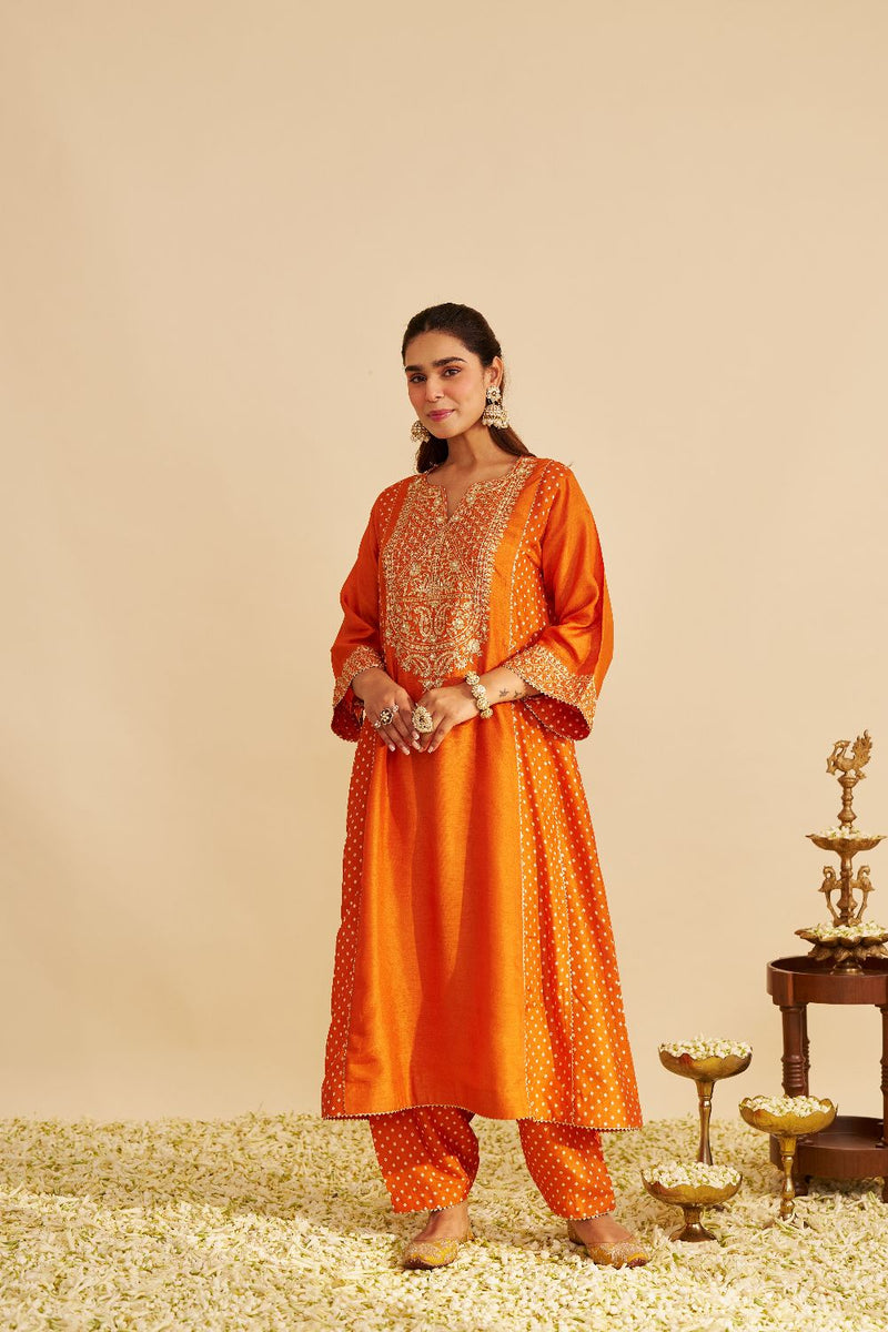 Esra - Long Chauga With Salwar-Orange silk by SHEETAL BATRA in orange color for women Worldwide