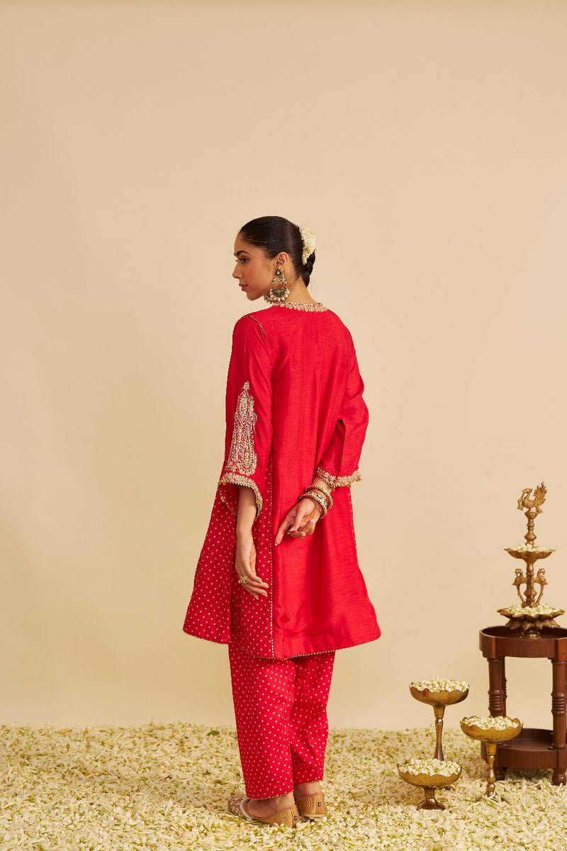 Jeriah - Short Chauga With Salwar-Red silk by SHEETAL BATRA in red color for women Worldwide