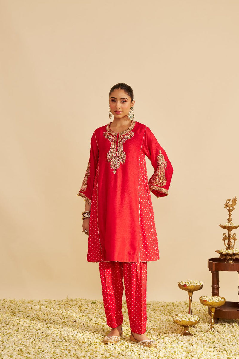 Jeriah - Short Chauga With Salwar-Red silk by SHEETAL BATRA in red color for women Worldwide