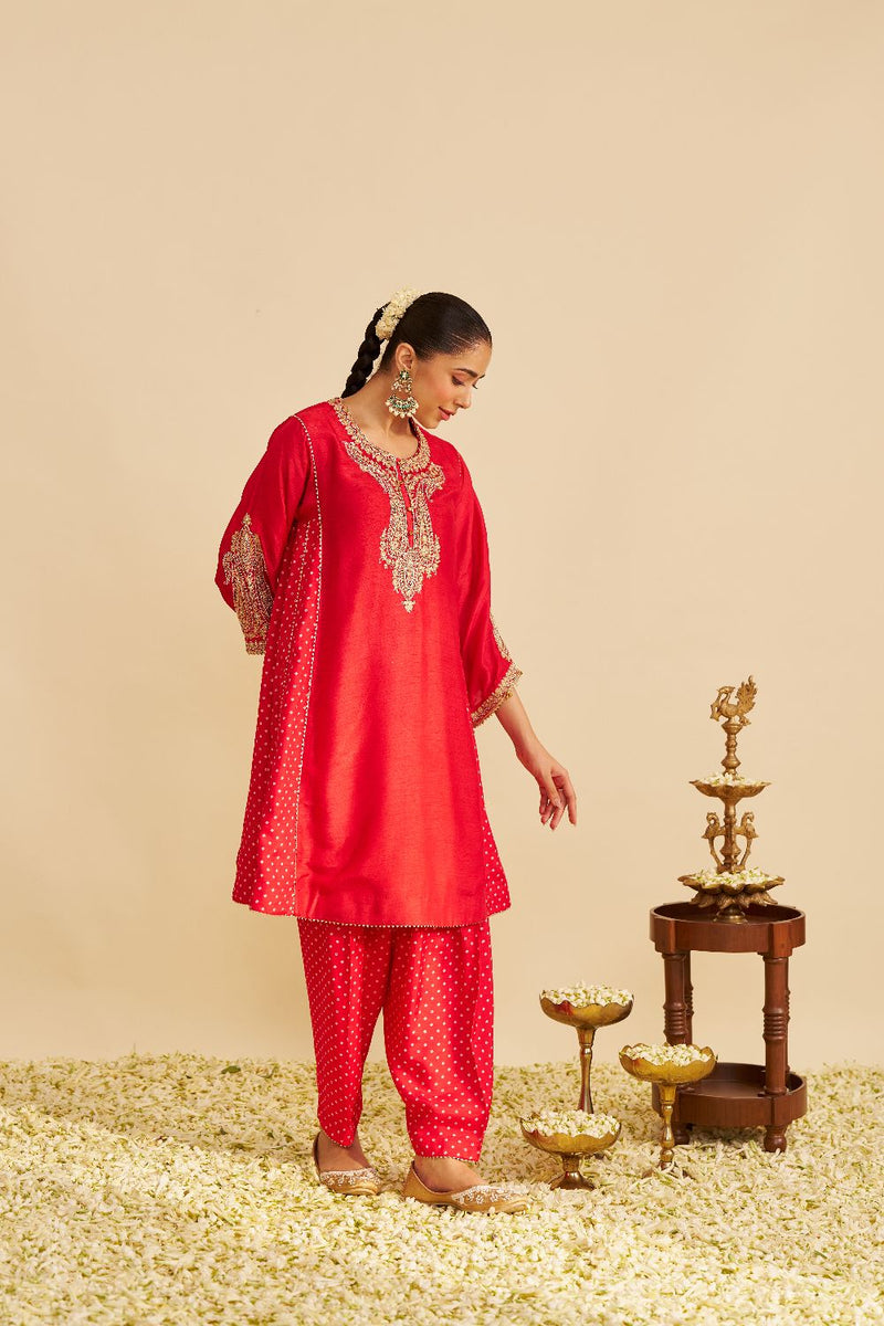Jeriah - Short Chauga With Salwar-Red silk by SHEETAL BATRA in red color for women Worldwide