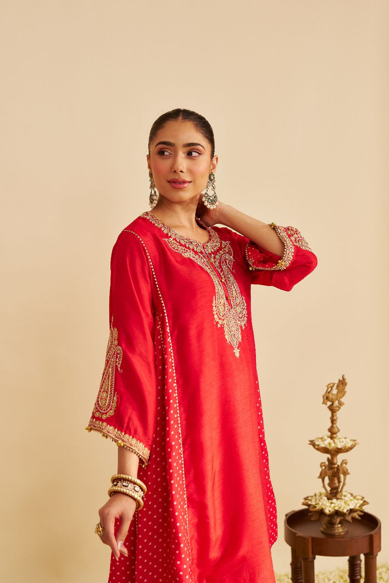 Jeriah - Short Chauga With Salwar-Red silk by SHEETAL BATRA in red color for women Worldwide