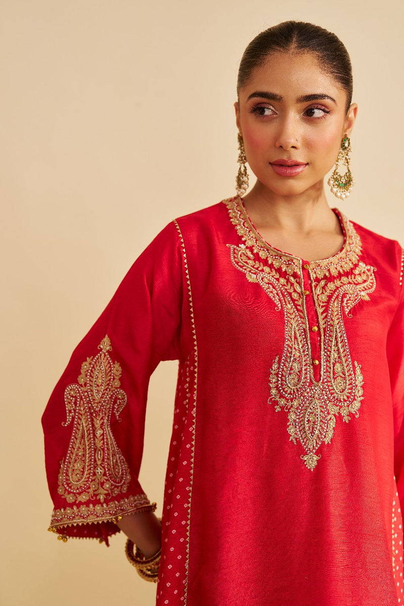 Jeriah - Short Chauga With Salwar-Red silk by SHEETAL BATRA in red color for women Worldwide