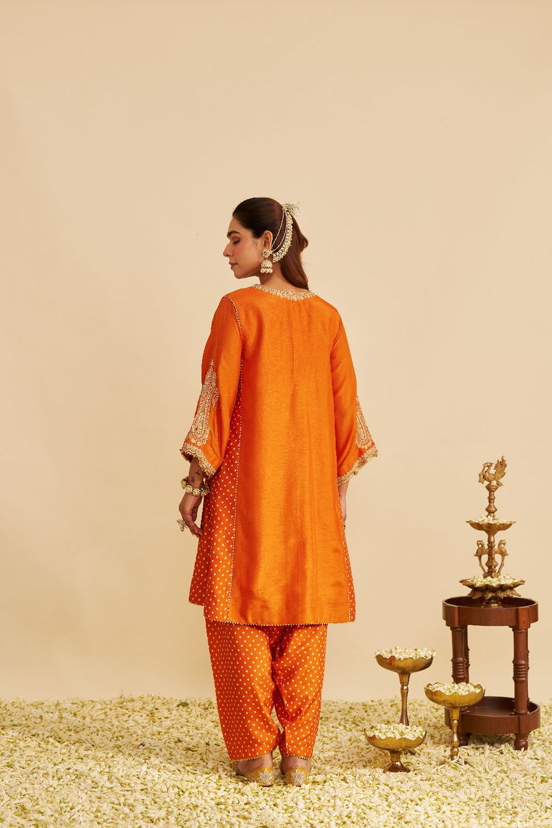 Jeriah - Short Chauga With Salwar-Orange silk by SHEETAL BATRA in orange color for women Worldwide