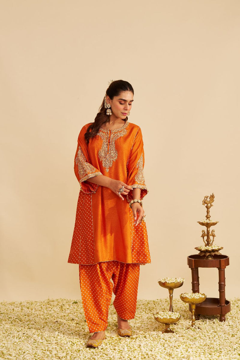 Jeriah - Short Chauga With Salwar-Orange silk by SHEETAL BATRA in orange color for women Worldwide