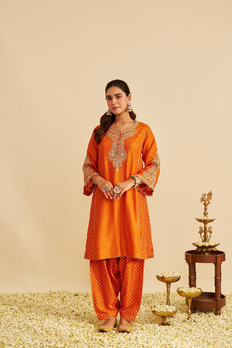 Jeriah - Short Chauga With Salwar-Orange silk by SHEETAL BATRA in orange color for women Worldwide