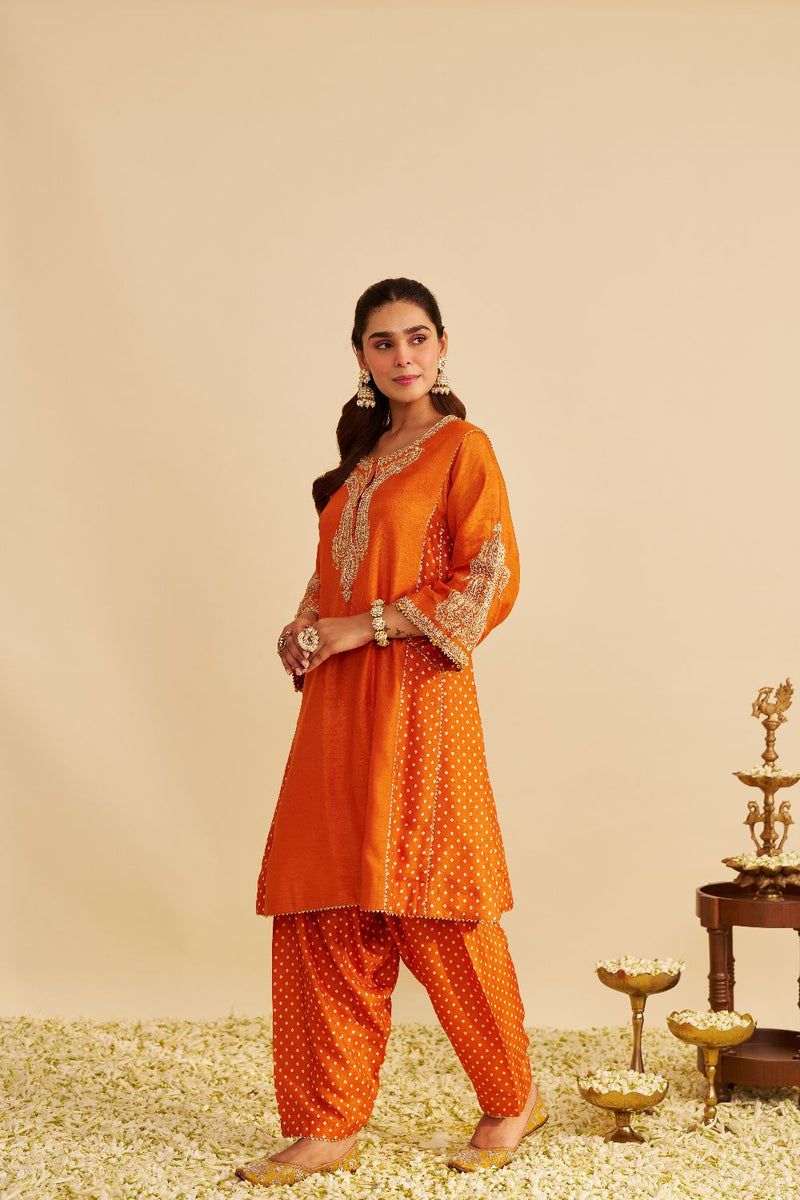 Jeriah - Short Chauga With Salwar-Orange silk by SHEETAL BATRA in orange color for women Worldwide